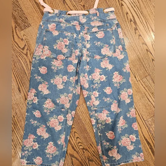 Bibi Washed Floral Denim Wide Leg Pants with Pink Accents - Picture 6 of 7